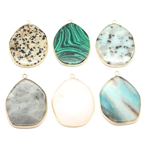 Irregular Natural Stone Wrapped Pendant Malachite Amazonite Dalmatian Jasper Copper Edged Charm For DIY Jewelry Making Gift