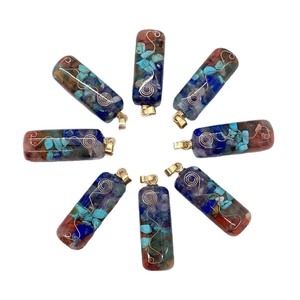 Set of 8 cylindrical natural stone resin pendants with copper spiral and gold clasp