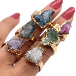 Handcrafted natural irregular crystal druzy rings with gold plated edges for women