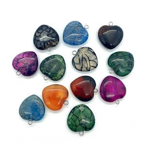 Collection of multi-color heart-shaped dragon vein agate pendants with silver rings for DIY