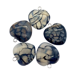 Set of 5 natural striped black agate heart pendants with silver metal rings for DIY