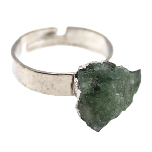 Adjustable silver ring featuring an irregular raw green natural stone crystal druzy