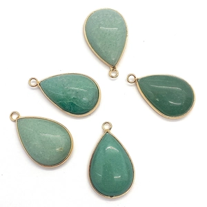 Set of five teardrop green aventurine natural stone pendants with gold metal edging