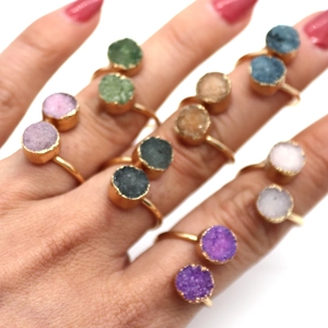 Adjustable gold plated ring with dual round druzy crystals in various natural colors