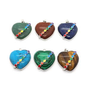 Set of six heart-shaped natural stone pendants with seven chakra enamel silver plating