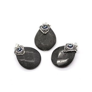 Natural Stone Agate Teardrop Pendant Evil Eye Faceted Black Obsidian Style Water Drop Charm With Rhinestone Alloy Clasp