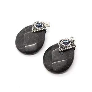 Polished black agate teardrop pendants with blue evil eye beads and micro-pave crystals