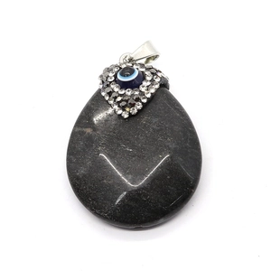 Teardrop black agate stone pendant with evil eye bead and rhinestone inlay detail