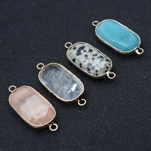 Set of four 15x35mm oval natural stone connectors with gold plating for DIY jewelry
