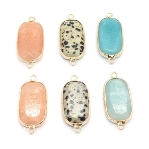 Natural Stone Oval Faceted Connector Pendant Double Loops Gold Plated Edge Amazonite Dalmatian Jasper Jewelry Making DIY
