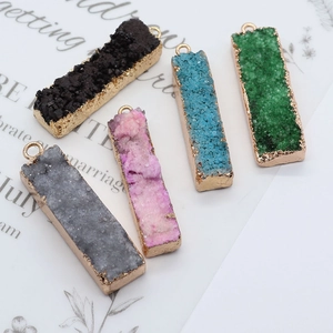 Rectangular natural druzy crystal pendants with gold-plated edges in five various colors