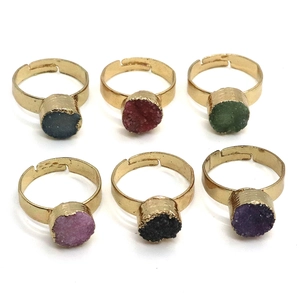 Set of six adjustable gold-plated rings with colorful round druzy crystal stones