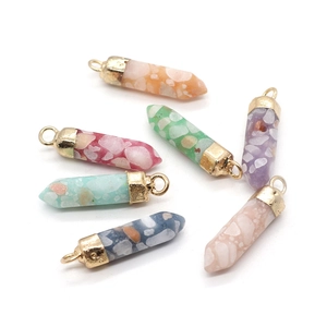 Set of six colorful resin turquoise hexagonal pillar pendants with gold-plated metal hooks