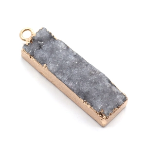 Grey druzy quartz rectangular pendant with elegant gold plated metal edging charm