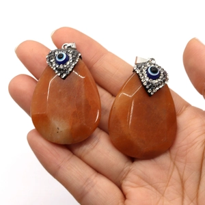 Water-drop natural stone pendants with evil eye design and black micro-diamonds
