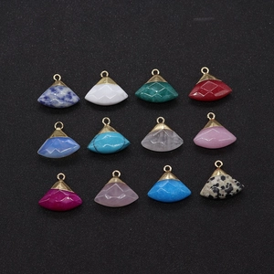 Detailed grid of 12 colorful fan-shaped stone pendants with gold metal hanging loops