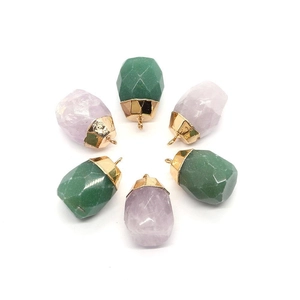Faceted Natural Stone Cylinder Pendant Green Aventurine Rose Quartz Alloy Golden Cap DIY Jewelry Making Finding Accessory
