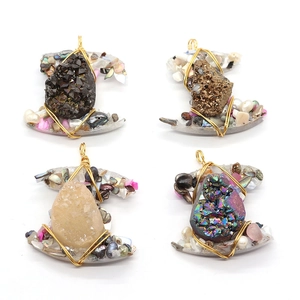 Handmade gold wire-wrapped natural crystal and pearl pendants in assorted colors