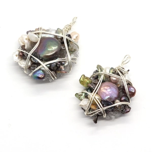 Handmade silver wire wrapped natural baroque pearl and crystal cluster pendants in set