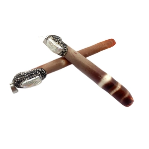 Brown cigar shape natural shell pendant with baroque pearl and rhinestones in two-piece set