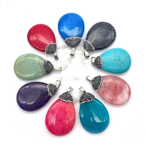 Set of nine teardrop natural stone pendants with vintage caps and assorted colors