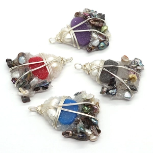 Artisan handmade wire-wrapped heart pendants with natural freshwater pearls and colorful stones