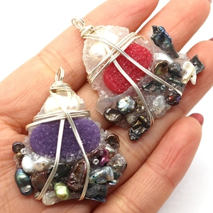Artistic handmade wire-wrapped pendants with natural pearl and resin stone clusters