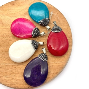 Waterdrop natural stone pendants with rhinestone caps in five vibrant colors