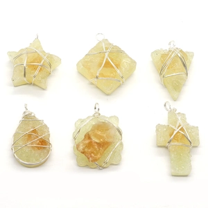 Handcrafted silver wire-wrapped natural stone pendants in various geometric shapes
