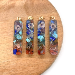 7 Chakra resin rectangular pendants with natural stones and gold spiral wire design