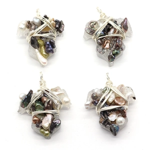 Handcrafted silver wire-wrapped baroque pearl and quartz pendants set of four