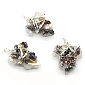 Handmade silver wire wrapped baroque pearl and resin druzy pendant in irregular shape