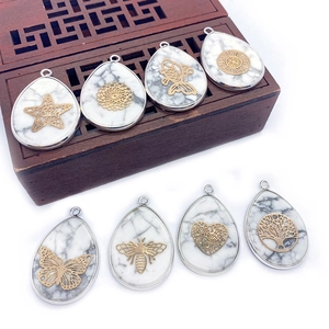 Natural Stone White Turquoise Teardrop Pendant Gold Plated Copper Hollow Butterfly Tree Of Life DIY Jewelry Findings