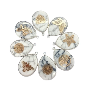 Set of 8 teardrop white turquoise pendants with gold butterfly and heart metal charms