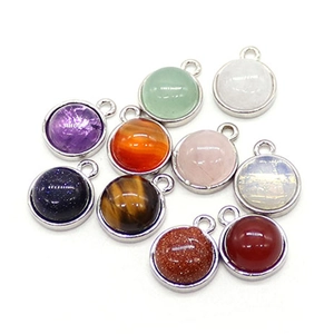 Set of 10 round natural stone pendants with tiger eye and silver metal plating