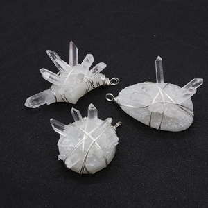 Natural white crystal teardrop pendant with silver wire wrap for jewelry making