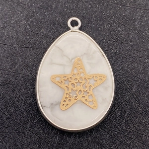 Macro shot of white turquoise teardrop pendant with golden starfish and silver frame