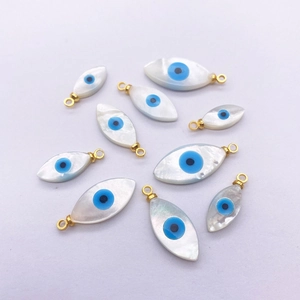 Marquise shell pendants with evil eye inlay and gold metal loops for DIY jewelry