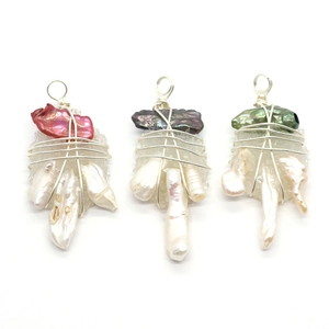 Baroque freshwater pearl and resin chicken claw pendants in pink, purple and green