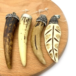 Natural stone and bone resin leaf and chili shaped pendants with rhinestone clasps