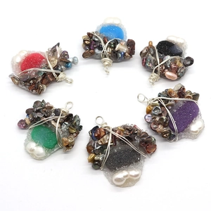 Natural freshwater pearl and colorful geode stone handmade wire wrapped pendant set