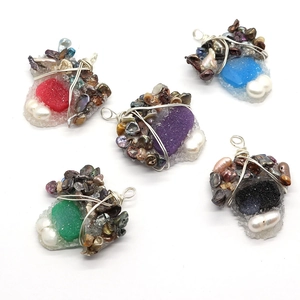 Natural freshwater pearl and irregular resin pendants with colorful wire-wrapped crystals