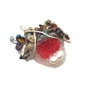 Natural freshwater pearl and mixed gemstone wire wrapped pendant with silver hook