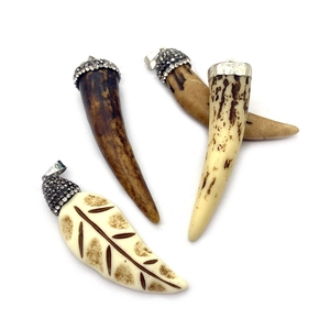 Natural stone and bone pendants in chili shape with sparkling metal caps for DIY jewelry