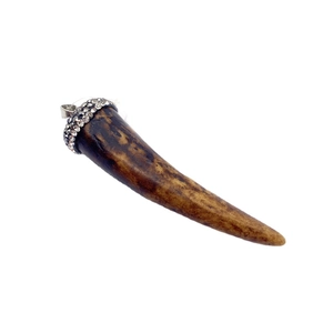 Natural stone and resin horn shaped pendant with sparkling rhinestone paved silver clasp