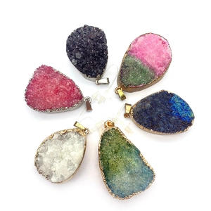 Set of six colorful teardrop druzy pendants with gold and silver electroplated edges