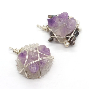 Handgefertigter, drahtumwickelter Roh-Amethyst-Anhänger mit Naturperlen und Silberdraht