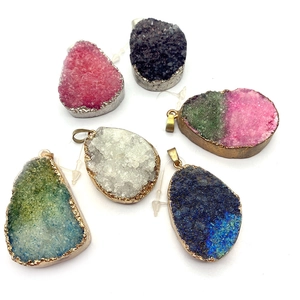 Irregular natural stone crystal druzy pendants with metallic edges in six vibrant colors