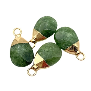 Set of four green faceted teardrop natural stone pendants with gold metal caps for DIY