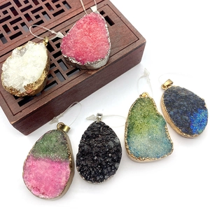 Natural Druzy Stone Irregular Water Drop Pendant DIY Jewelry Making Electroplated Gold Silver Edge Crystal Cluster Charm